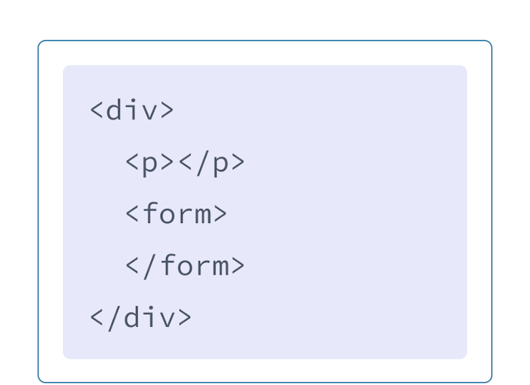 Kod HTML z fioletowym tłem i divem o dwóch znacznikach potomnych: p oraz form.